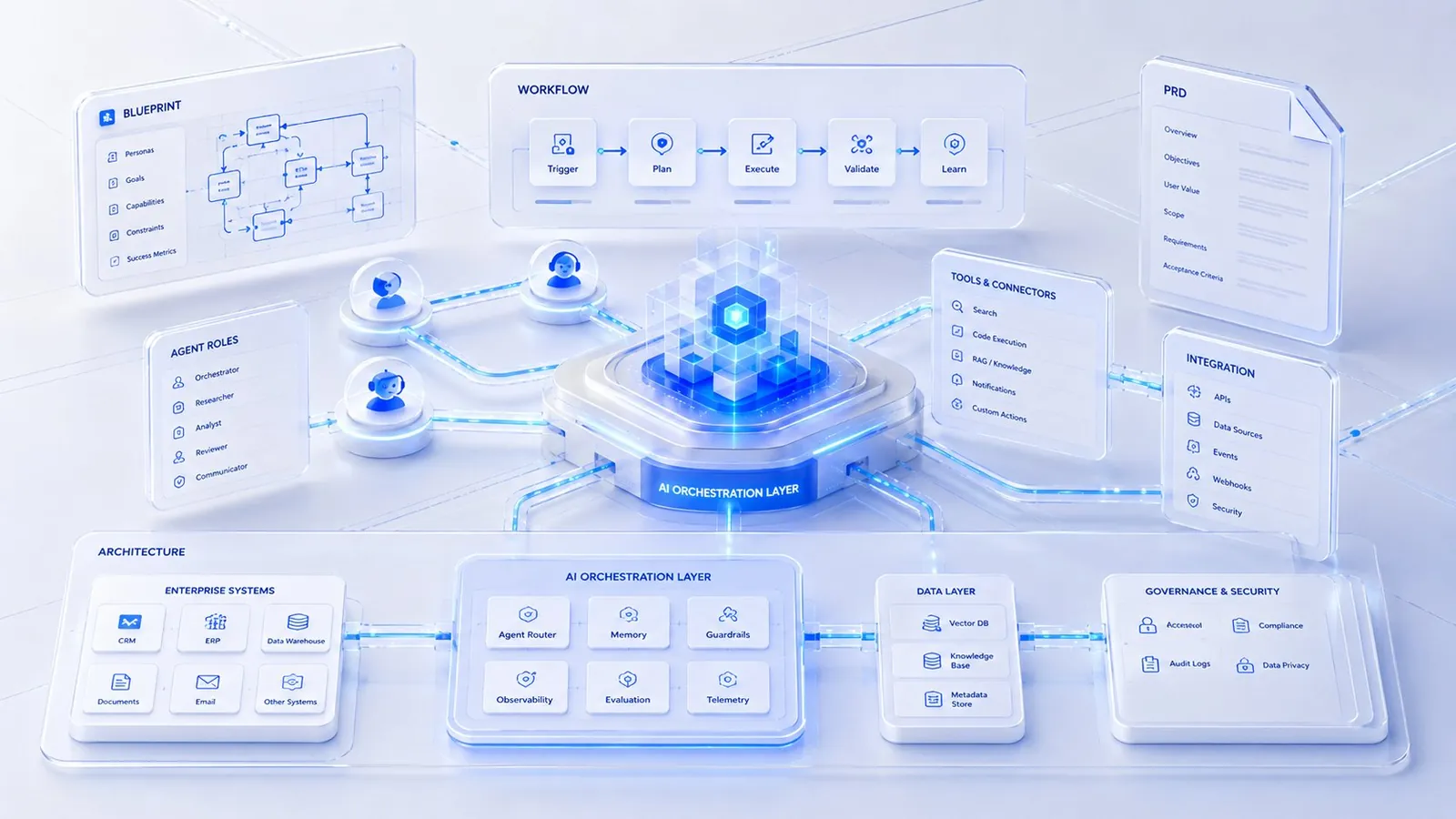 Blueprint and architecture: agent roles, workflow, tools and connectors over an AI orchestration layer spanning enterprise systems, data and governance.