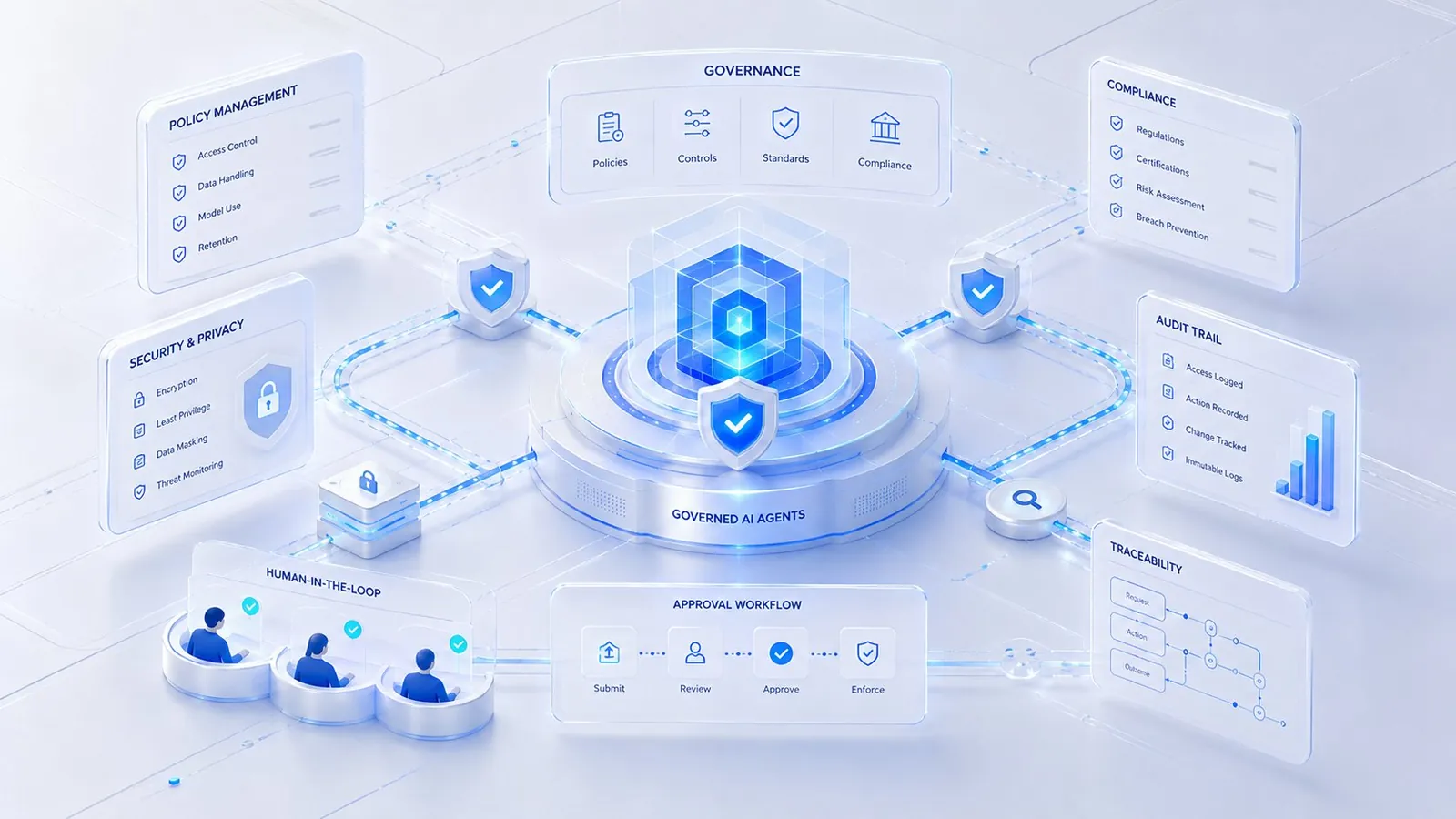 Governance: policy management, controls, compliance, security and privacy, human-in-the-loop approval workflow, audit trail and full traceability.