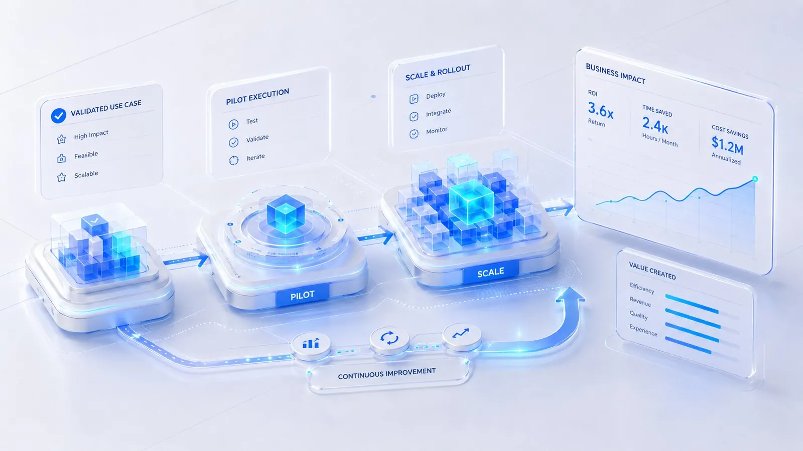 Pilot to scale: validated use case to pilot execution to scale and rollout, with business impact of 3.6x ROI, 2.4k hours saved monthly and $1.2M cost savings.